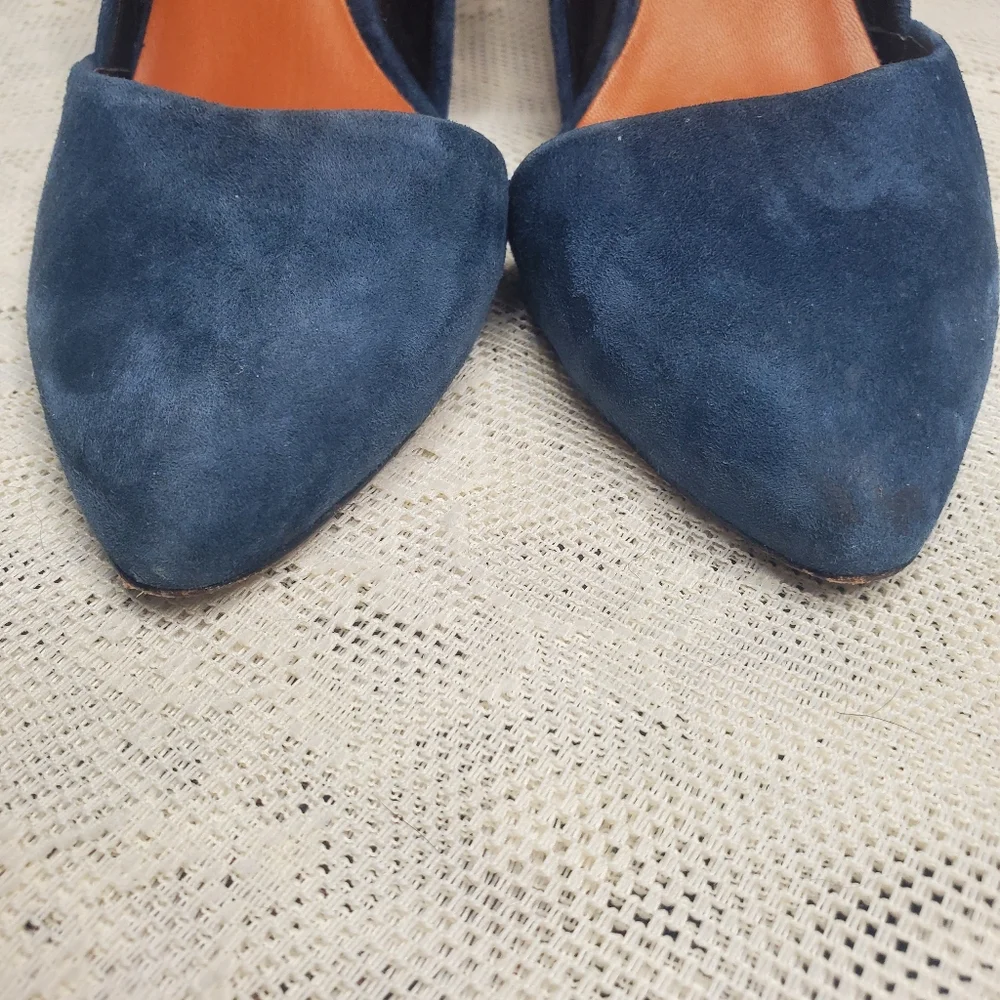Rebecca Minkoff Brie D'orsay Blue Suede Heels pumps point toe size 6‎
